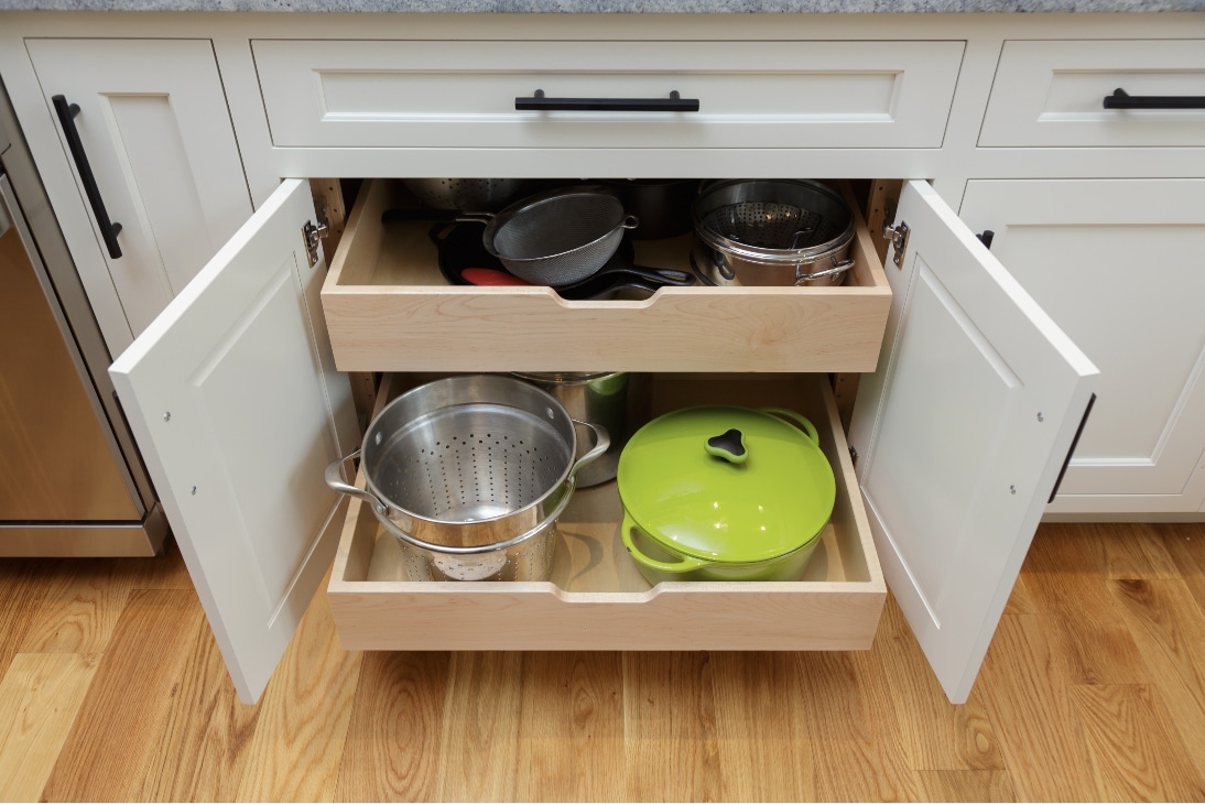 A Custom Cabinet That Opens Up To Drawers Containing Pots And Pans In Coatesville, Pa