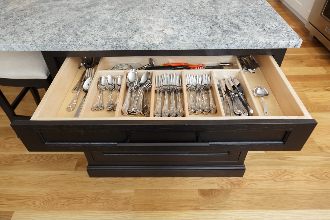 A Custom Kitchen Drawer In Delaware County Pa, Filled With Utensils